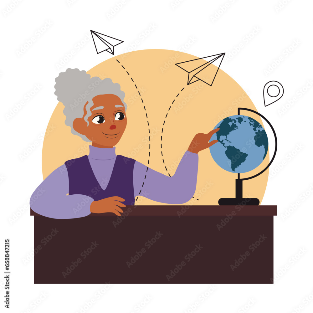 Senior female geography teacher at table on white background