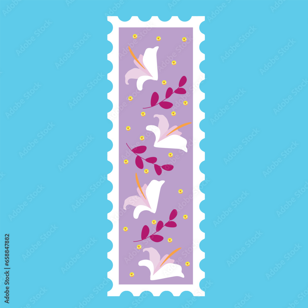 Postage stamp with lily flowers on blue background