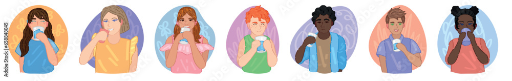 Set of different people drinking water on white background