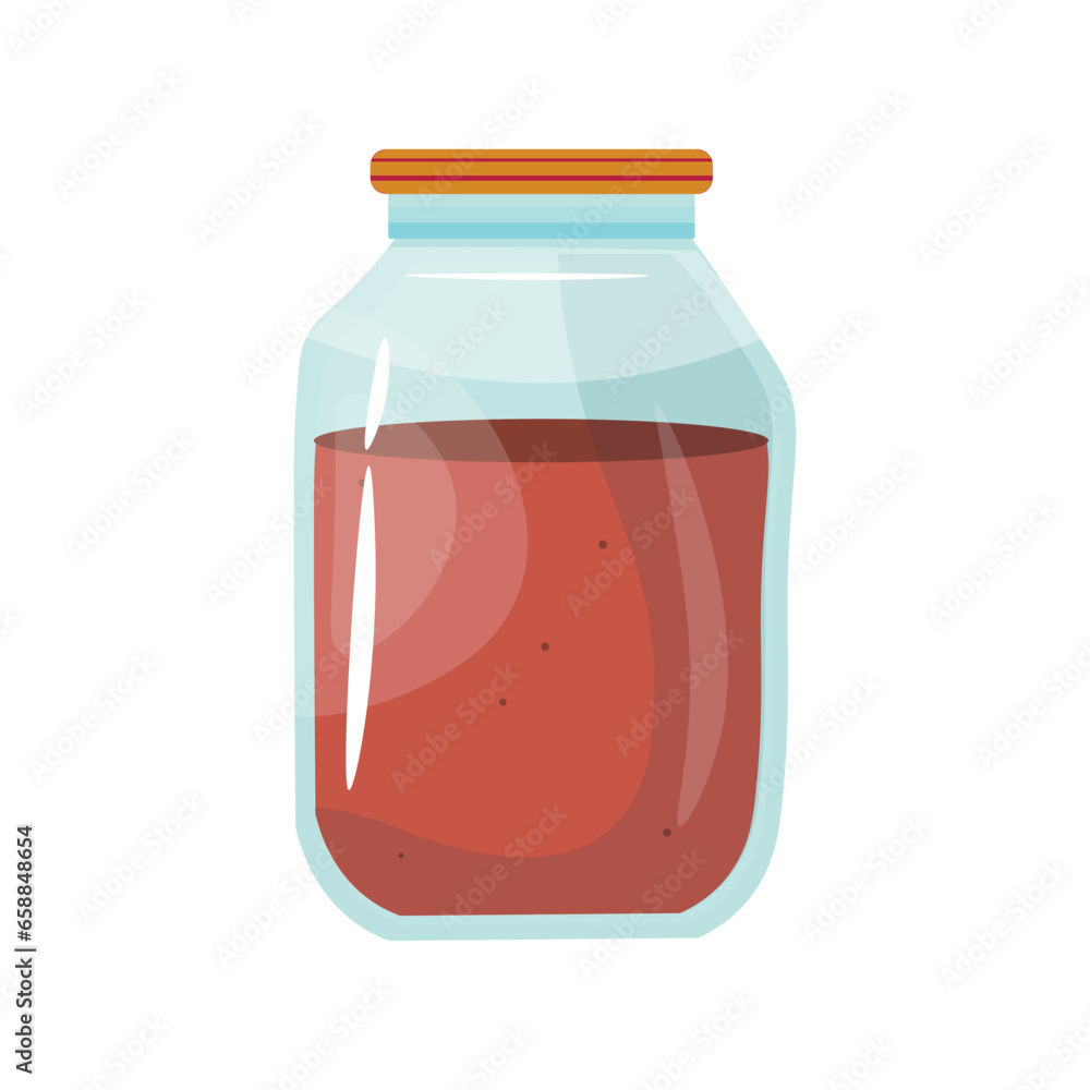 Glass jar of canned tomato juice on white background