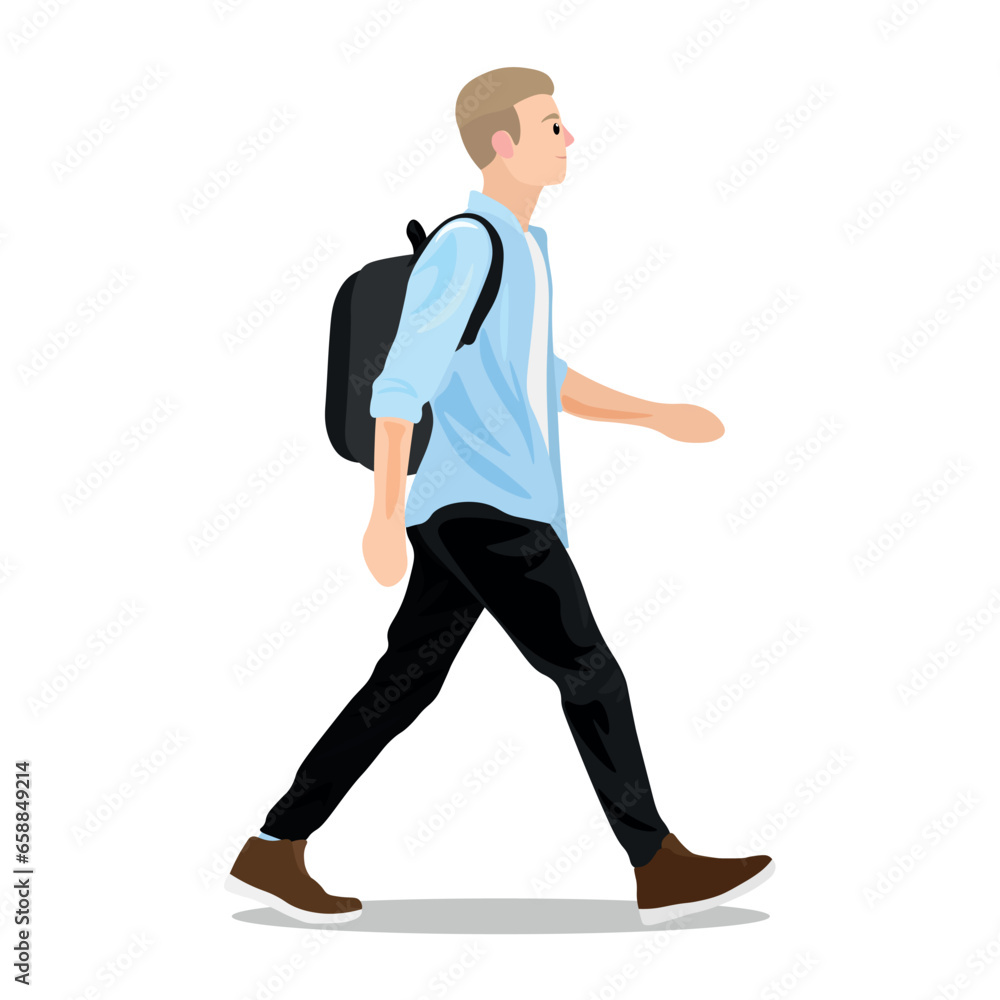 Boy with backpack going to school on white background