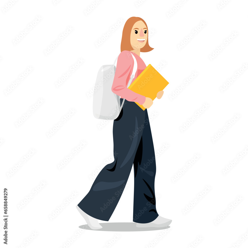 Girl with backpack going to school on white background