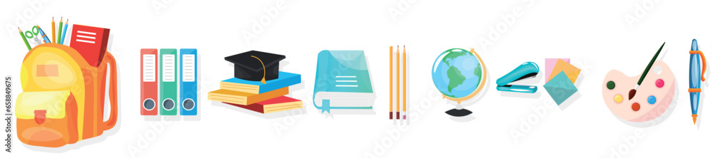 Set of school accessories on white background