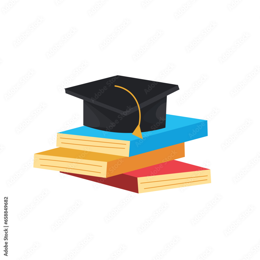 Graduation hat with books on white background