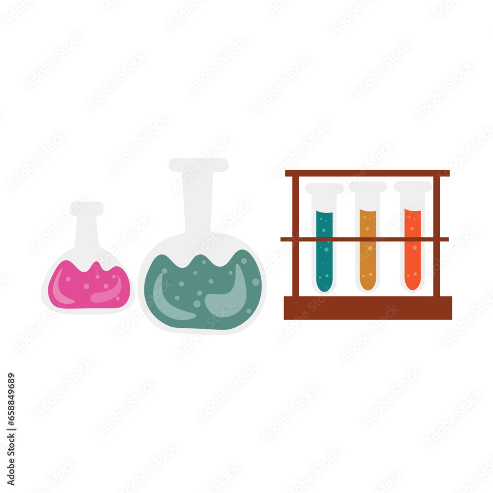 Laboratory glassware with colorful reagents on white background