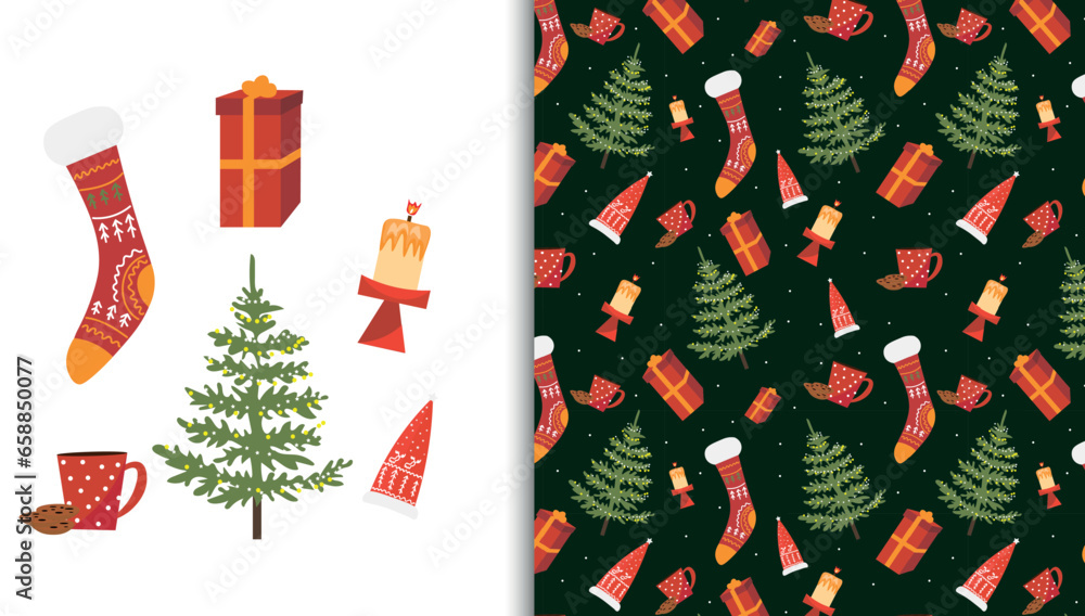 Collage with different Christmas clipart and New Year texture