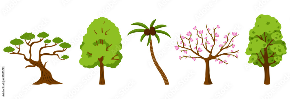 Set of different trees on white background