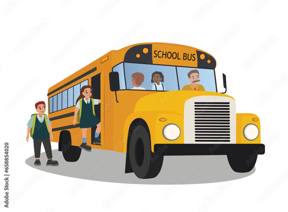 Students getting into school bus on white background