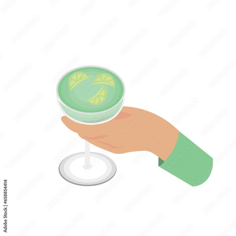 Female hand holding glass of citrus cocktail on white background