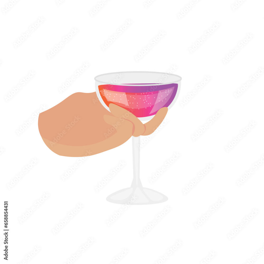 Female hand holding glass of sparkling cocktail on white background