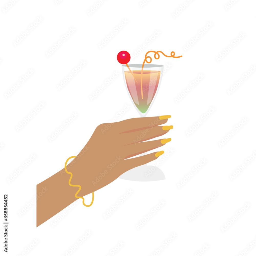 Female hand holding glass of tasty cocktail on white background