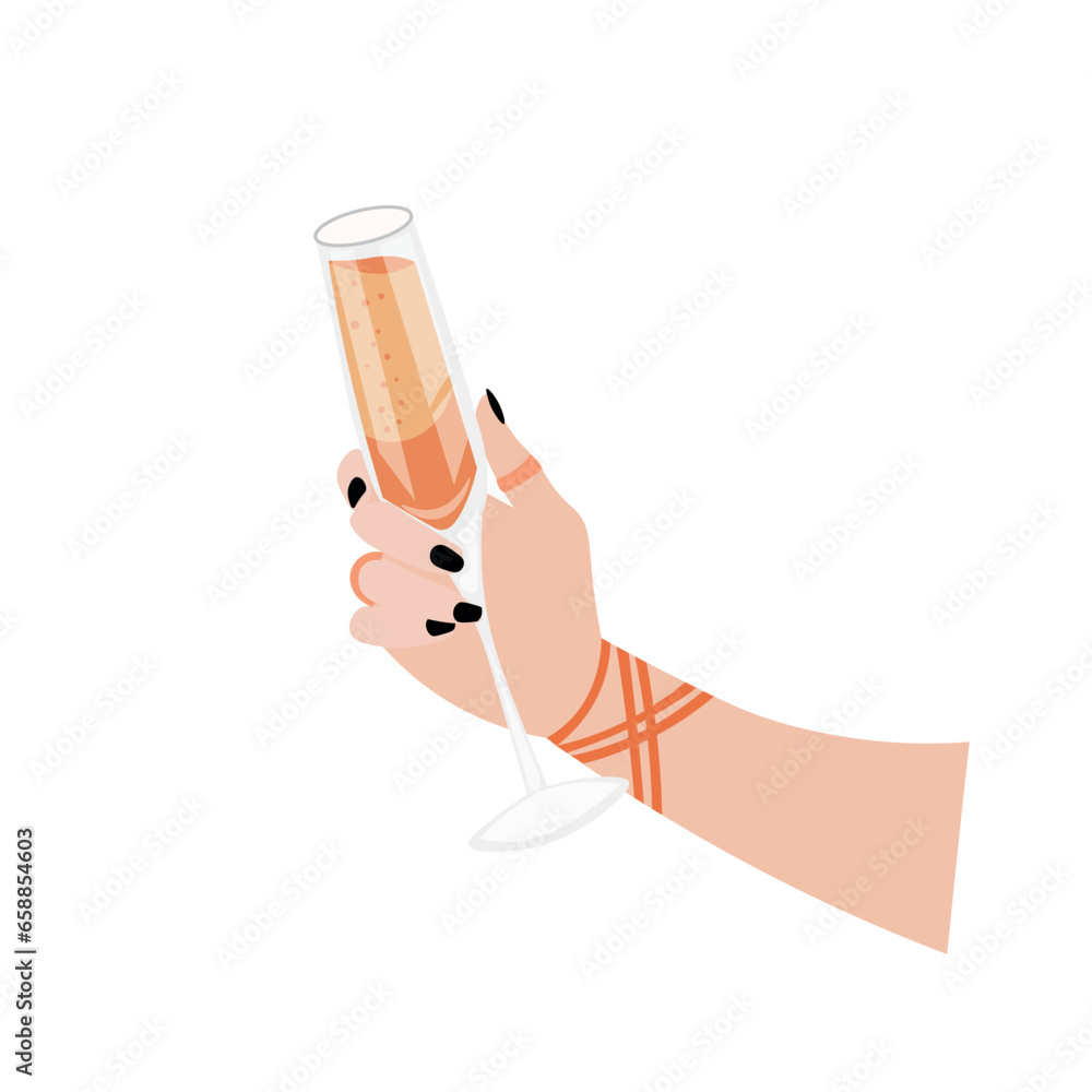 Female hand holding glass of sparkling cocktail on white background