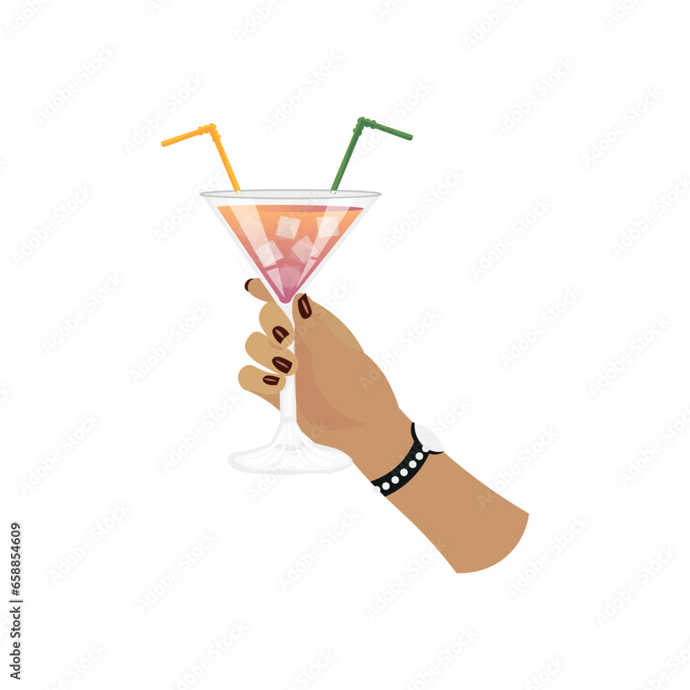 Female hand holding glass of cold cocktail on white background