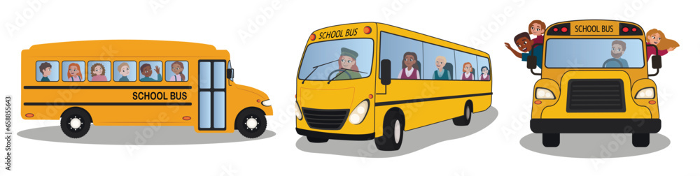 Set of school buses on white background