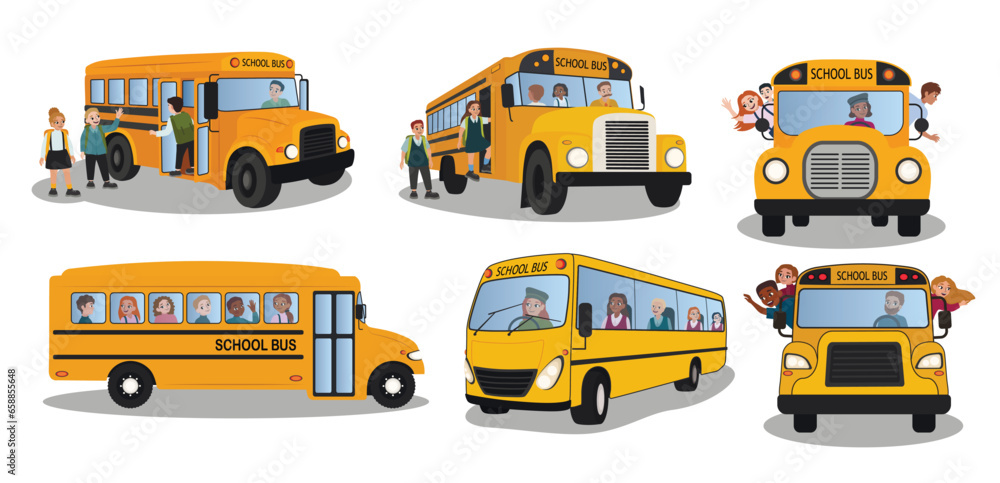 Set of many school buses on white background