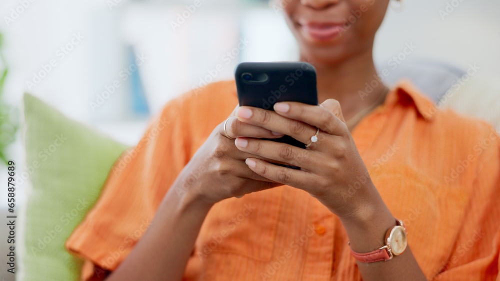 Woman, hands and typing on smartphone in home, reading social media notification and scroll multimedia subscription. Closeup, cellphone and download mobile games, search digital network or update app