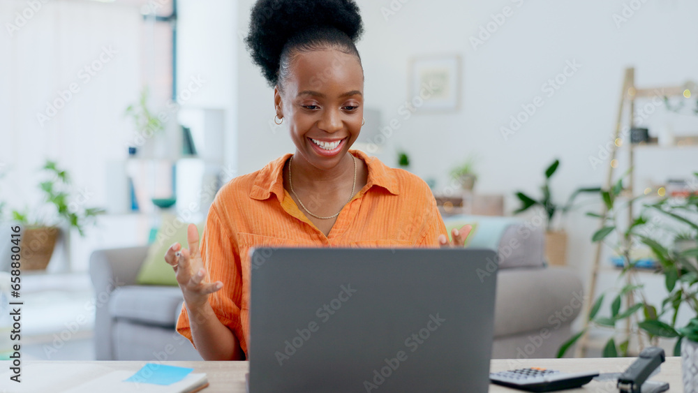 Woman, laptop and video call for work from home, planning and webinar discussion in freelancer marketing career. Happy African worker talking on computer or virtual, online meeting in her living room