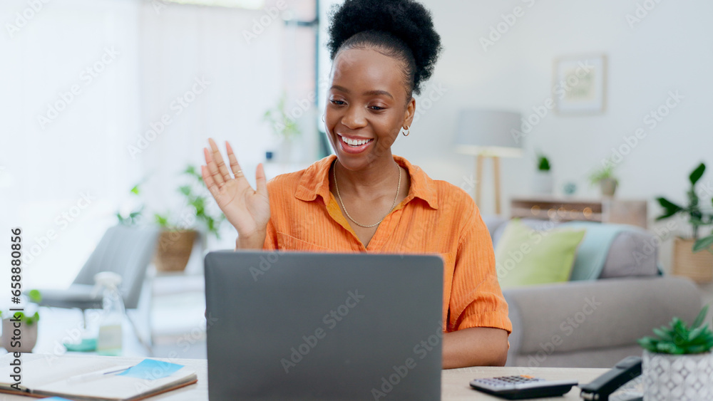 Laptop, wave and black woman on video call in home, online meeting or webinar with smile. Communication, notebook and happy freelancer or remote worker in virtual chat for greeting and discussion.