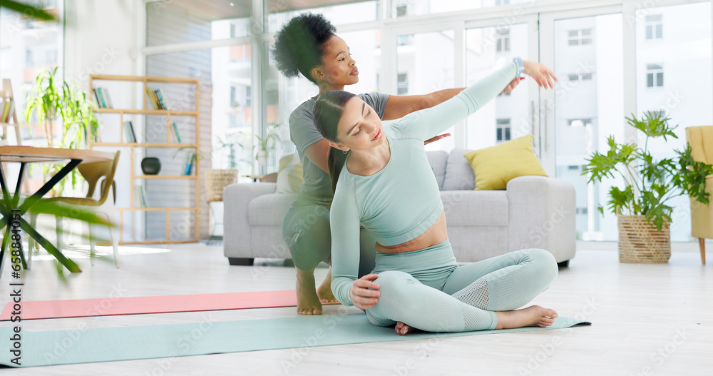 Personal trainer, yoga and women in living room stretching for wellness, healthy body and fitness on floor. Friends, home and people on gym mat for pilates, exercise and support for balance or muscle