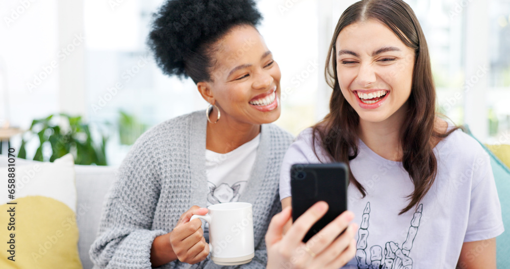 Coffee, phone and girl friends on a sofa talking, bonding and networking on social media or mobile app. Happy, conversation and young women scroll on cellphone with latte in living room of apartment.