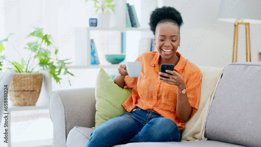 Coffee, woman and laugh with phone on sofa, reading social media post and mobile chat at home. Happy african person drinking tea, scroll multimedia connection and funny meme online with smartphone