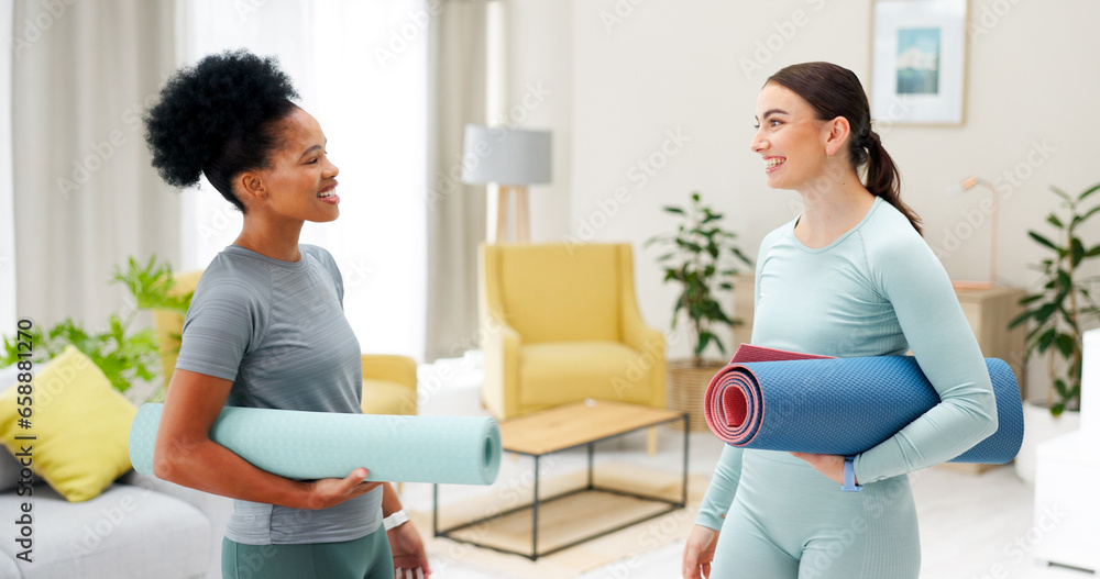 Personal trainer, yoga and women talking in home for wellness, healthy body and support. Fitness friends, living room and people in conversation with gym mat for pilates, exercise and mindfulness