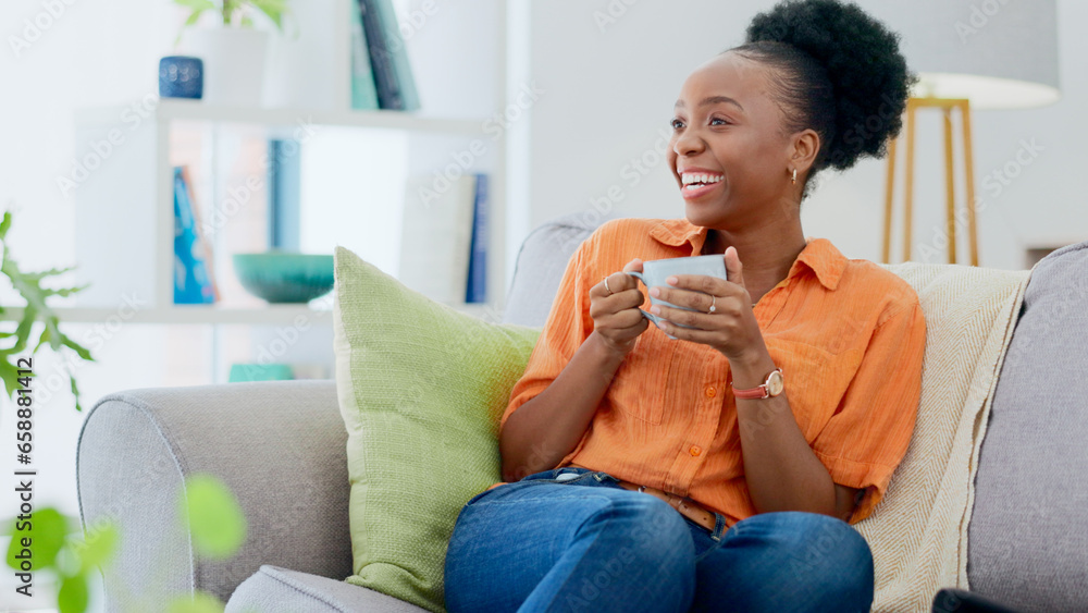 Black woman, house and couch with coffee, relaxing and smiling for self care, living room and break. Me time, comfort and quality time in home, sofa and day off for resting, laughing and happiness