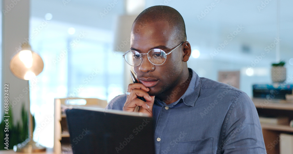 Thinking, tablet and black man in office for research, ideas and brainstorming with glasses or agenda. Technology, corporate and male worker on digital tech for internet, online project and strategy