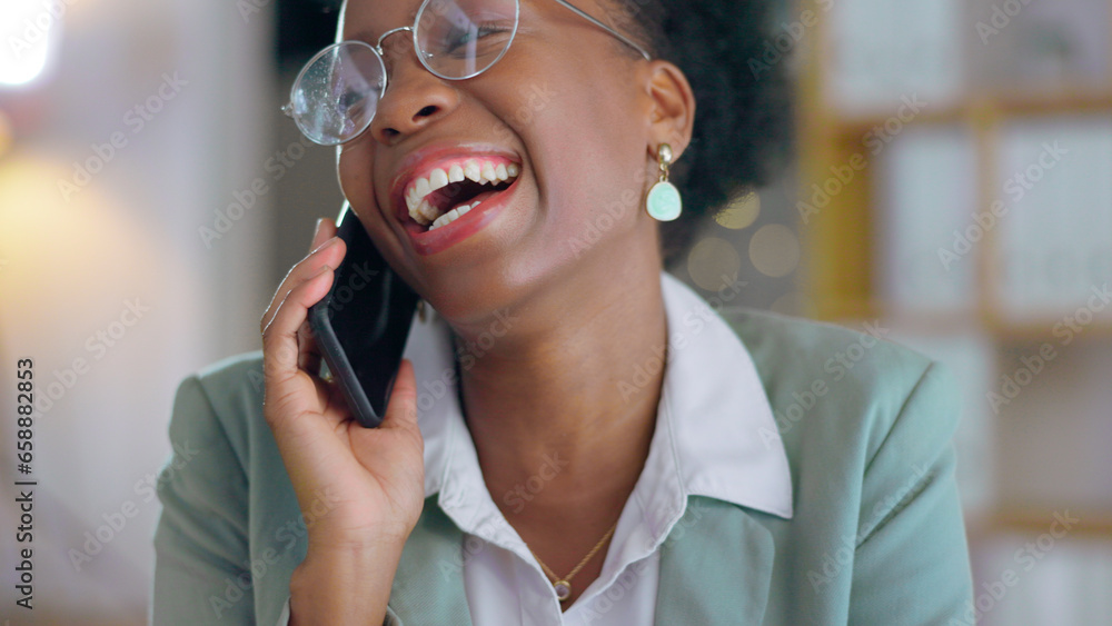 Business, woman and laugh with phone call in office for communication, contact or consulting while working late. Face of happy african worker, networking and chat on smartphone for funny conversation