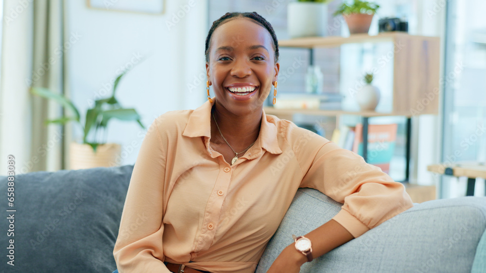 Smile, black woman and portrait on the sofa in house as homeowner, real estate investor or mortgage loan buyer. Young, happy or an African person on living room couch or apartment property furniture