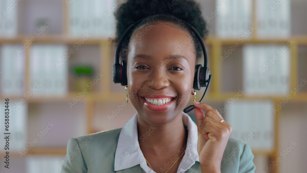 African woman, call center and smile in portrait with microphone for telemarketing, talking or contact us. Consultant, crm and tech support agent with customer service, voip mic and happy for advice