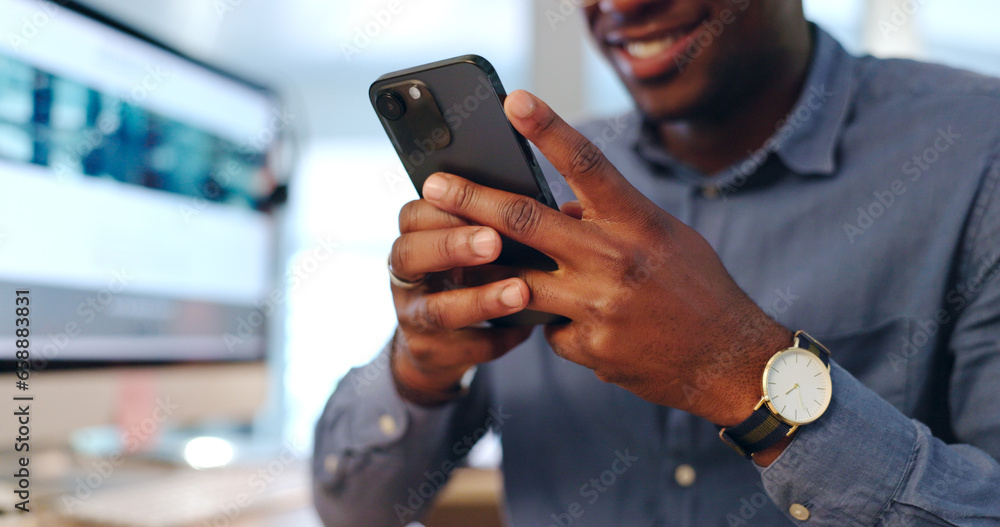 Businessman, phone and hands typing in social media, communication or networking at office. Closeup of male person smile on mobile smartphone app for online chatting, texting or research at workplace