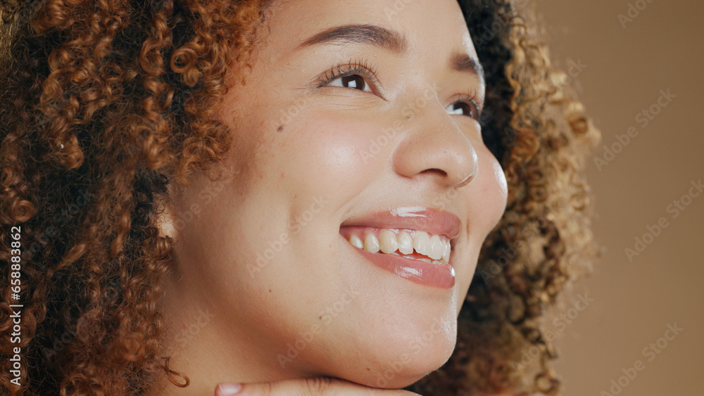 African woman, beauty and studio headshot in profile, smile or glow for thinking for skincare by background. Girl, happy and vision for cosmetic, wellness or glow on facial closeup for transformation