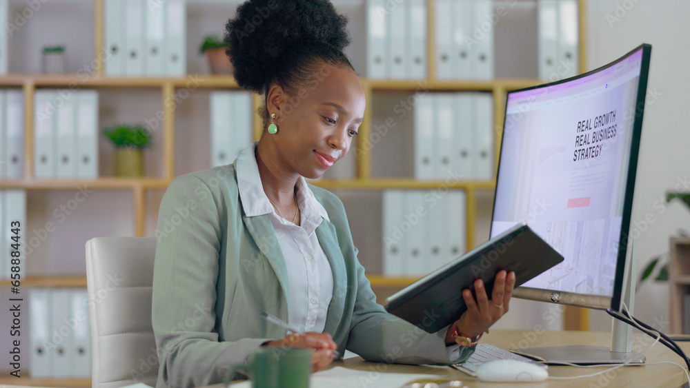 Business, planning and black woman with a tablet, computer and notebook with a project, brainstorming and development. African person, worker and employee with a pc, technology and internet with app