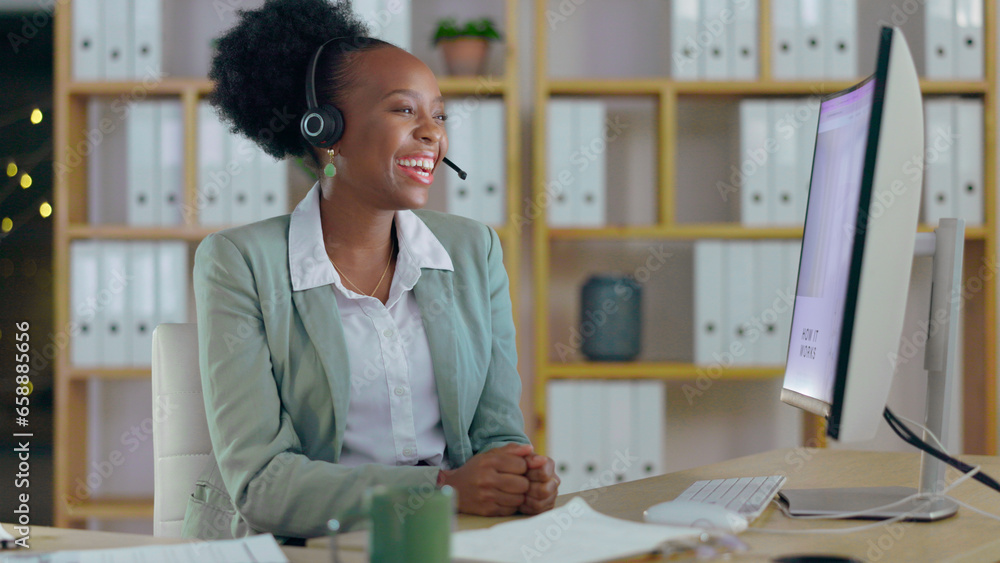 Smile, telemarketing and a black woman at a call center for customer service and consulting. Happy, contact us and an African employee speaking online for support, conversation or advice on a pc