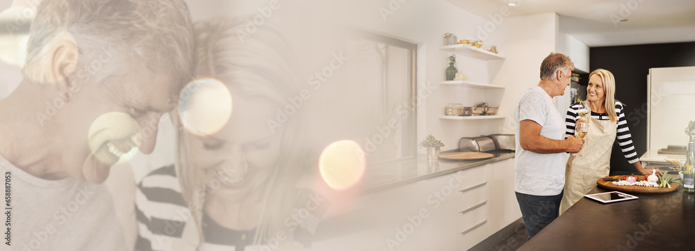 Laughing, double exposure and mature couple in kitchen with cooking, love and mockup space at home. Food, marriage and embrace of happy people together with smile at a house with care and support