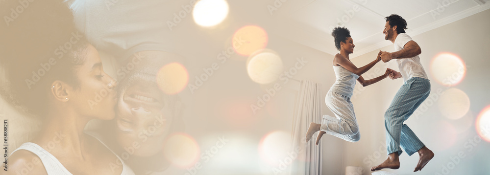 Double exposure, jumping and couple on bed for love and playing together in the morning in a bedroom for happiness. Kiss, care and playful happy man excited with woman in a home with romance