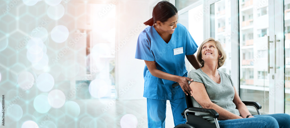 Patient with disability, nurse and smile in wheelchair for healthcare, wellness and medicare. Medical professional, bokeh and overlay in mockup, physiotherapy and happy, assistance and insurance