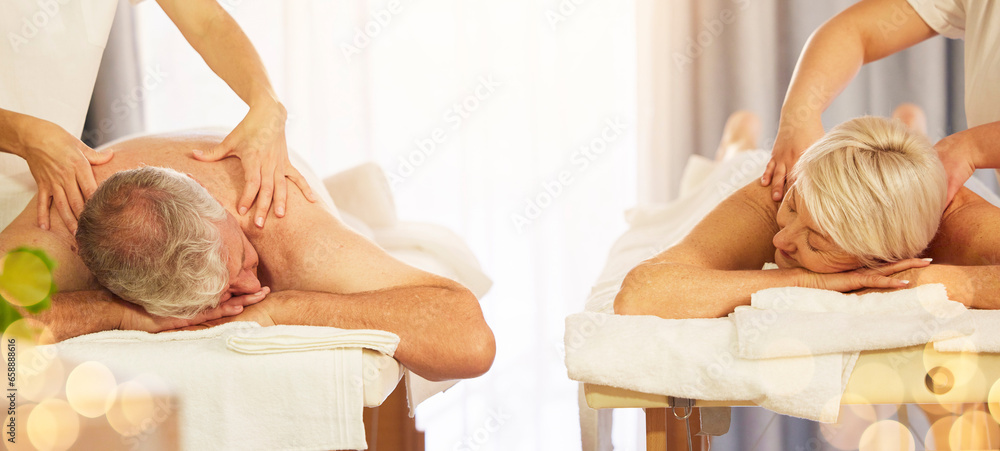 Relax, senior couple and massage with wellness, retirement and spa treatment with anniversary. Old man, romance and elderly woman with skincare, salon grooming or stress relief on vacation or holiday