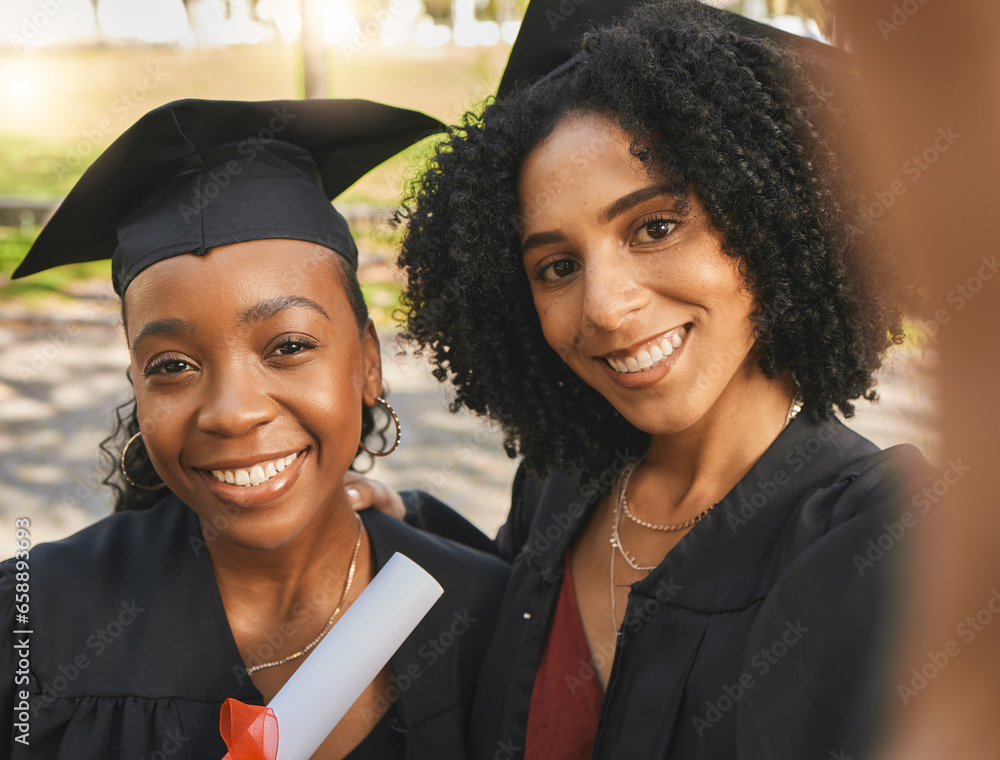 Graduation, portrait or happy friends selfie for learning success, education development or graduate photo. College women, park photography and face of students smile for school progress achievement