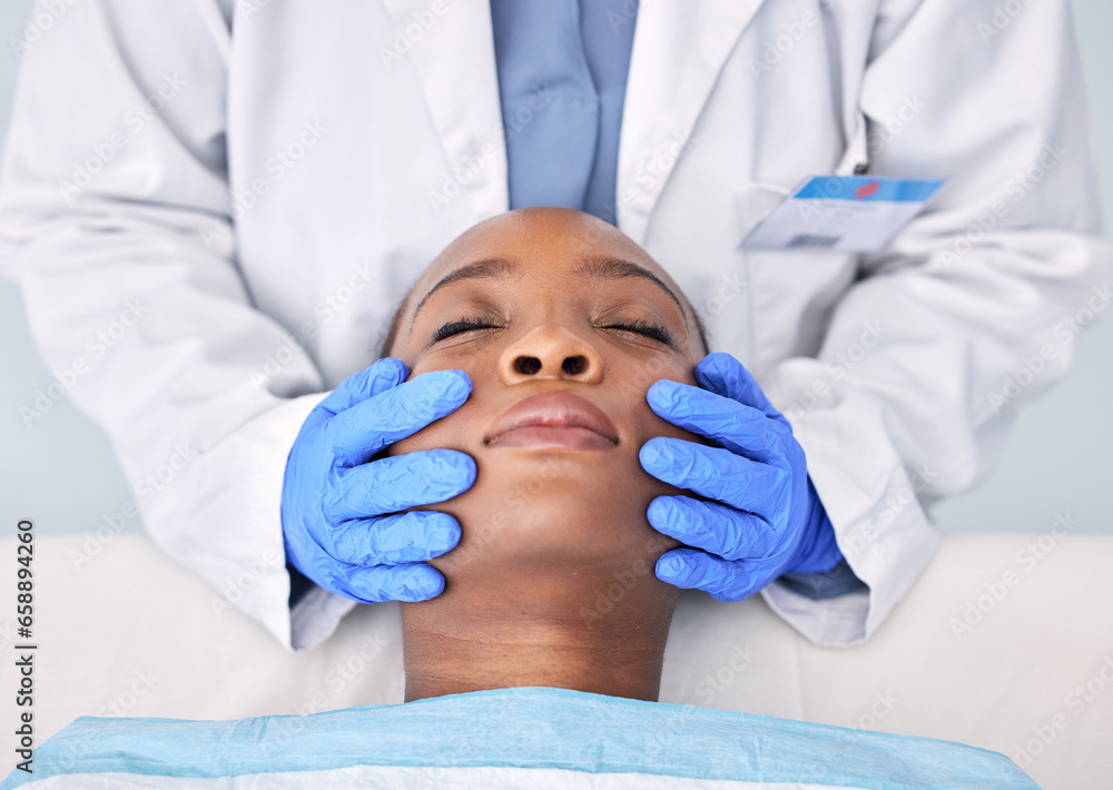 Massage, hands and a skin analysis on a black woman from a doctor for healthcare or dermatology. Spa, wellness and an African patiennt with a facial rub from a medical employee for a cleaning