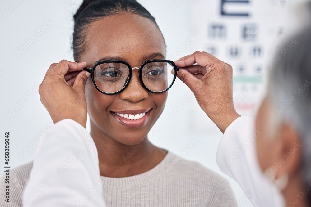 Eye care, test for glasses and black woman with optometrist, face with choice and vision with healthcare. Prescription lens, frame with help or advice, designer eyewear or spectacles with smile