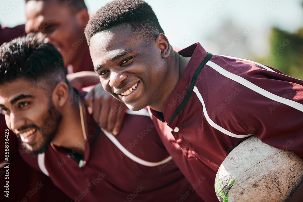 Team, rugby or smile for people, game or unity for collaboration, sports or happy. Ball, men or solidarity for match, support or together for competition, club or group in field, uniform or training