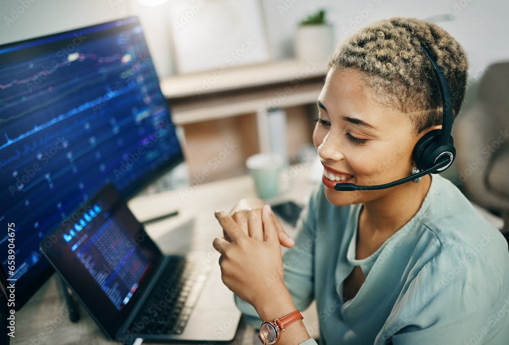 Woman, online trading and call center, finance with advice and computer screen, financial investment and communication. Headset, microphone and business with laptop, agent at desk with stock market