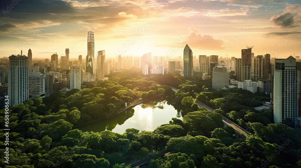 Aerial view of Bangkok city Lumpini public park with office building urban background Thailand. Generative Ai