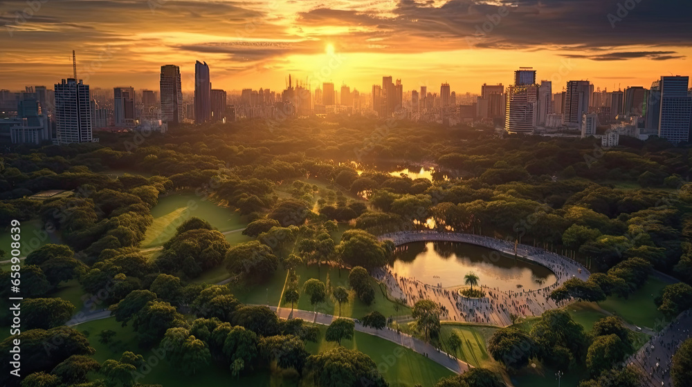 Aerial view of Bangkok city Lumpini public park with office building urban background Thailand. Generative Ai