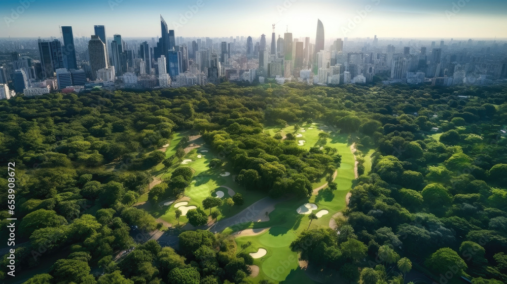 Aerial view of Bangkok city Lumpini public park with office building urban background Thailand. Generative Ai