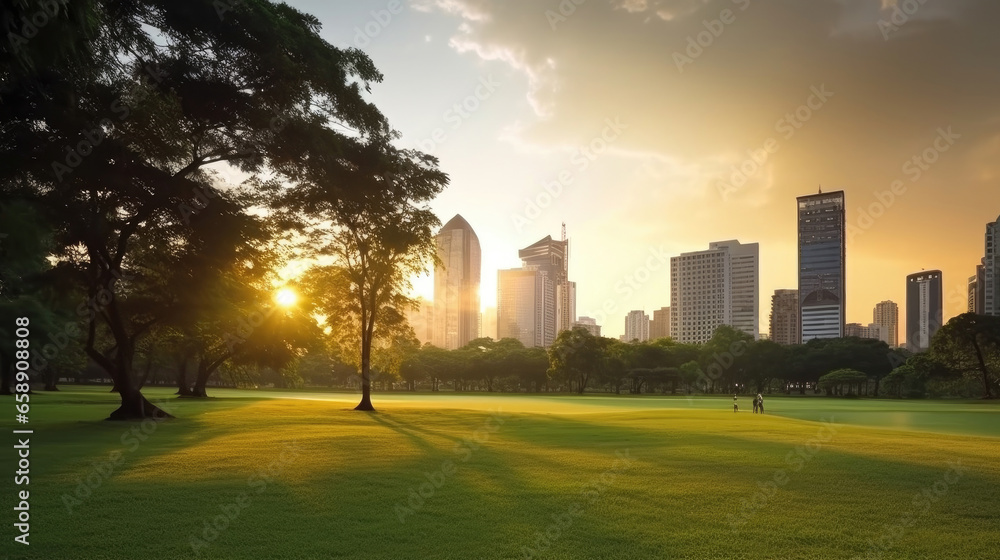 Bangkok beautiful view from Lumpini Park. Green grass field in park at city center with office building urban background Thailand. Generative Ai