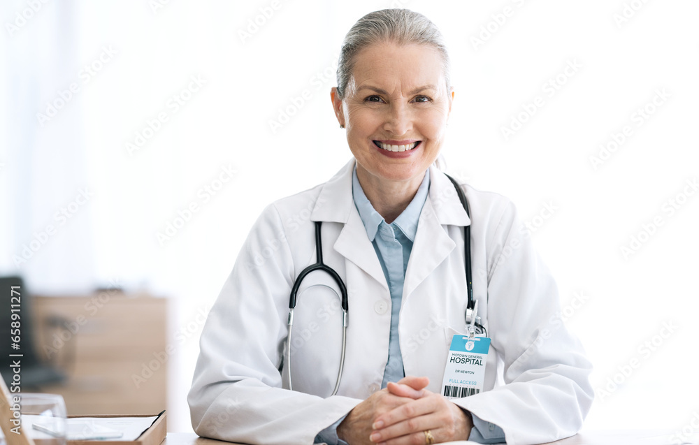 Mature woman doctor, smile and portrait in office for healthcare, wellness and insurance. Happy medical professional, confident and expert therapist or surgeon to trust and support or about us