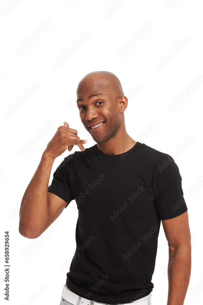 Studio portrait, man and hand gesture for call me, communication and invite to connect by white background. Black person, smile and friendly with social interaction, friendship and contact us sign